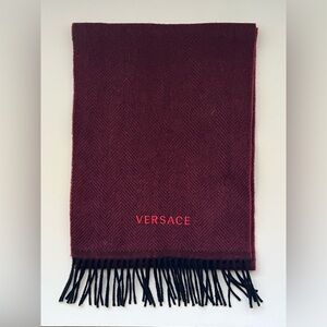 Versace Fringed Burgundy Herringbone Wool Scarf